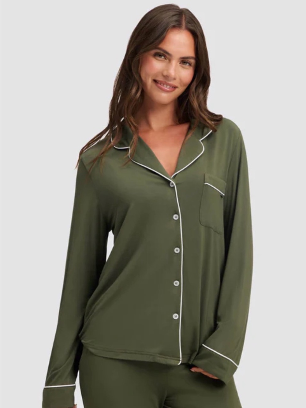 Cozy Earth Bamboo Stretch-Knit Long Sleeve Pajama Top in Olive - Size S - NWT - Picture 1 of 3